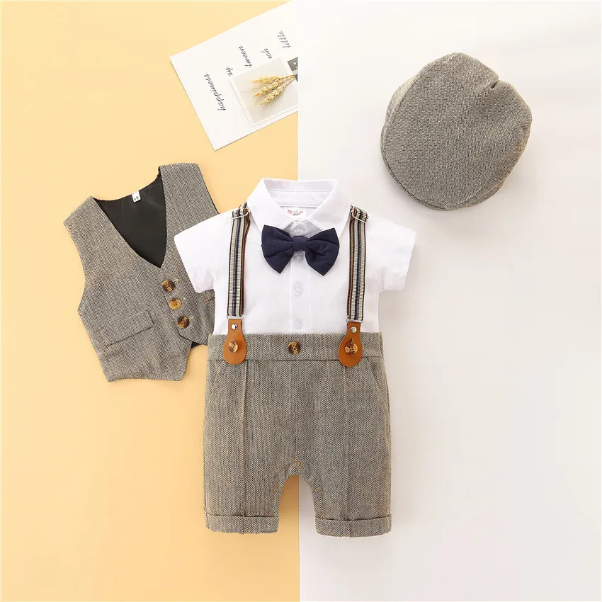 Summer Baby Boys Suspenders Romper Suit with Vest Beret Set Toddler Formal Outfit Short Sleeve Gentleman Jumpsuit for Wedding