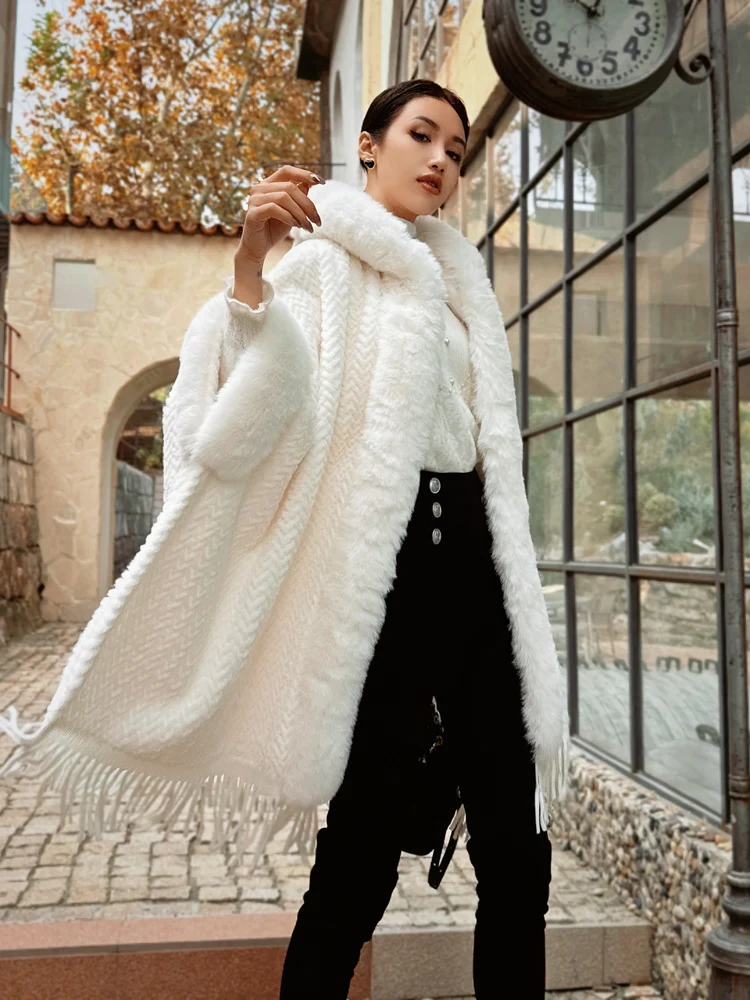 أزياء فرنسية أنيقة أوف وايت فو الثعلب الفراء طوق معطف طويل جاكيتات سميكة الدافئة شرابة أفخم كيب عباءة للنساء الشتاء #3