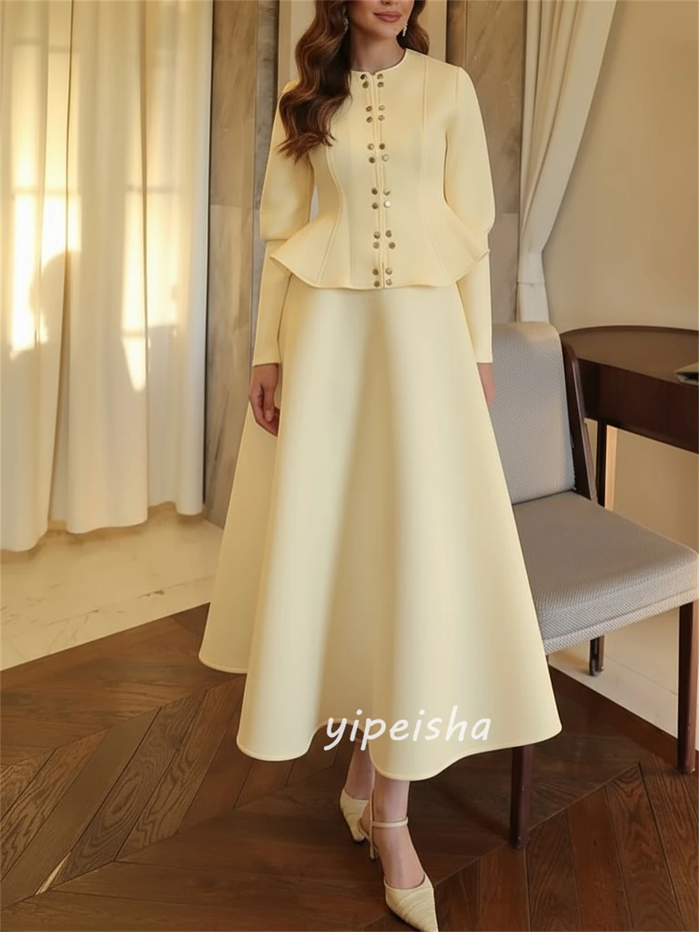 Maßgeschneiderte, moderne, formelle Jersey-Kleider mit Strasssteinen, gerüscht, A-Linie, U-Ausschnitt, knöchellange Kleider, Abendkleider, Größen erhältlich