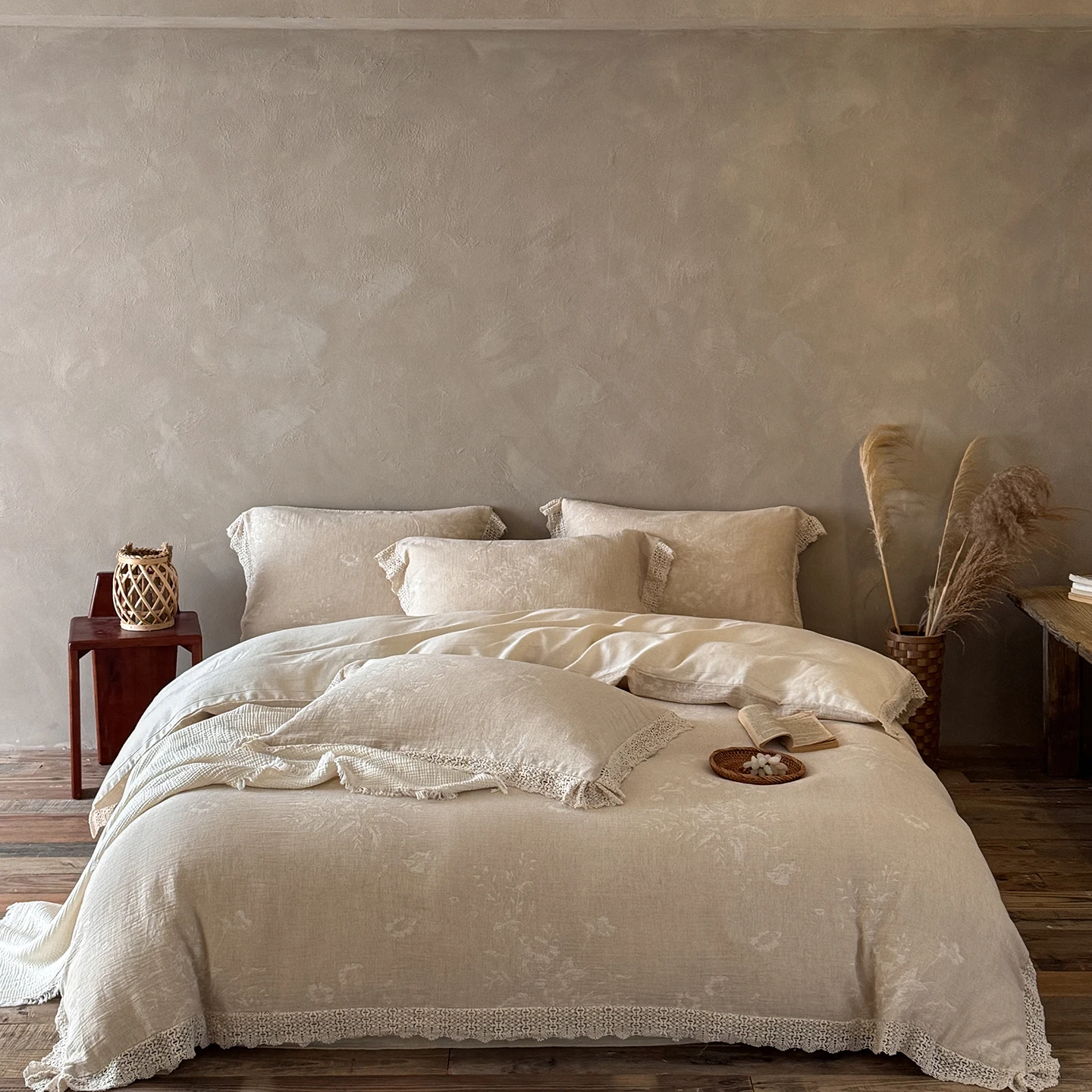 Vintage Jacquard Lace Bedding Set Double Queen King Size Natural Linen Cotton Duvet Cover Flat/Fitted Bed Sheet Pillowcases 4Pcs