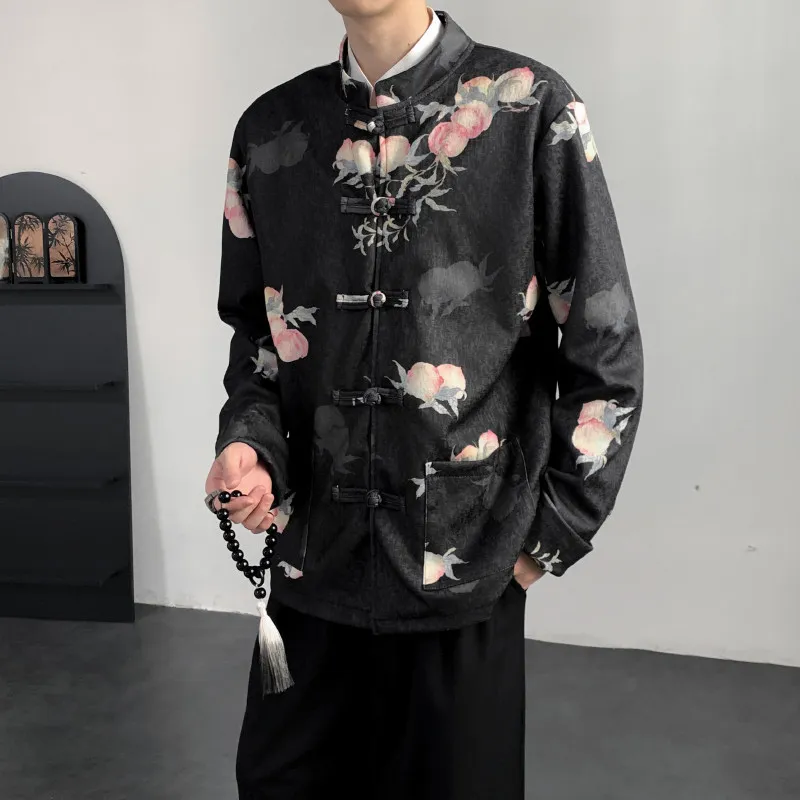 

New Chinese Sle Loose Retro Zhongan Coat Jaet Design Sense Plum Print Stand Collar Button up Men's Casual Outerwear