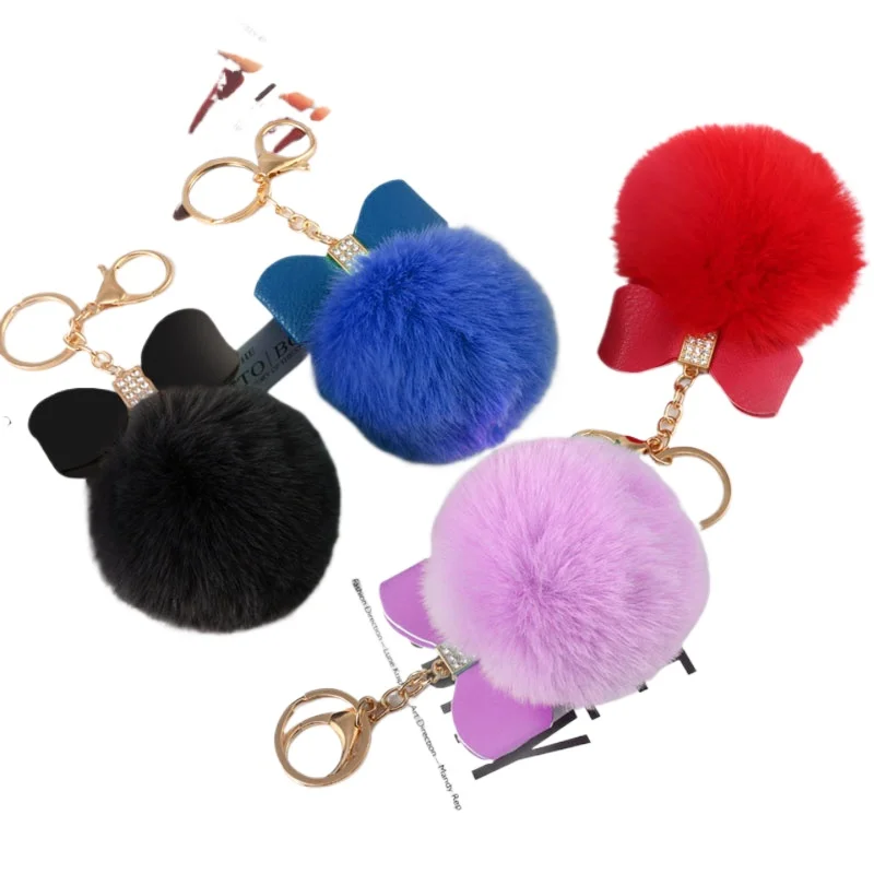 Llaveros de bola de pelo de conejo de peluche con lazo de cuero con diamantes de imitación, llavero con pompón de piel sintética, colgante para bolso, llavero de coche para regalos de mujer