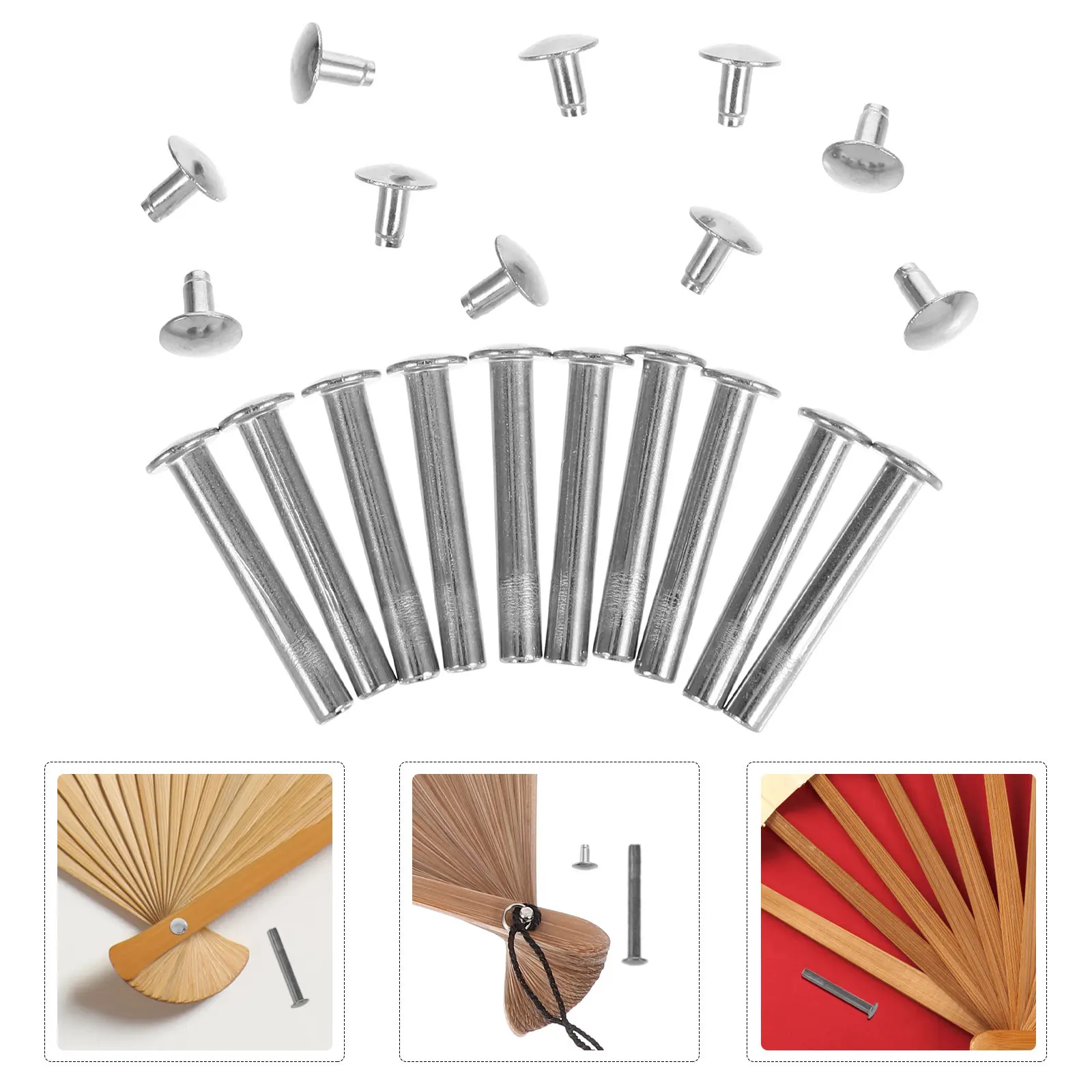 10Sets Folding Fan Shaft Rivets Repair Kit 25Mm Silver Round Metal Fasteners Handheld Fan DIY Repair Accessories