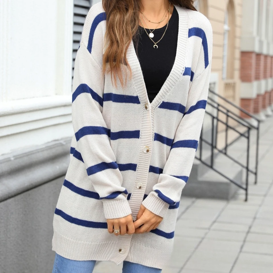 

Women Cardigan Sweaters Knitted Striped Mid Length Coats Full Sleeve Jumpers Y2k Streetwear Elegant Open Stith Autumn Winter