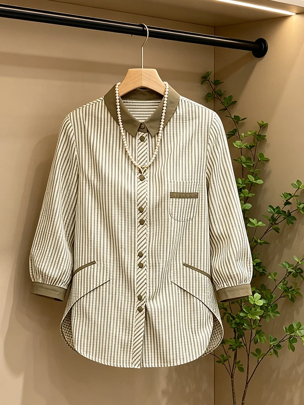 

Loose Striped Color Block Collar Shirt Women's Korean Style Artistic Summer New Fashion Casual Versatile Meat Concealing Top