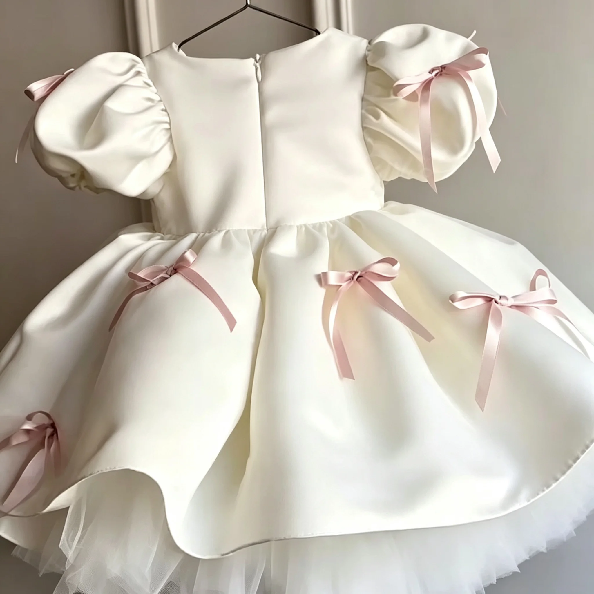 Ivory Satin Flower Girl Dresses Kids Multi Bows Puff Sleeve Little Girls Birthday Baptism 1st Holy Communion Gowns Customized