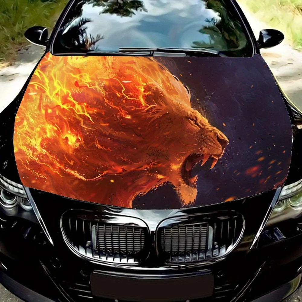 

Виниловая наклейка на капот автомобиля Angry Golden Lion Flame, наклейка на двигатель автомобиля, водонепроницаемая самоклеящаяся крышка для упаковки автомобиля, универсальная
