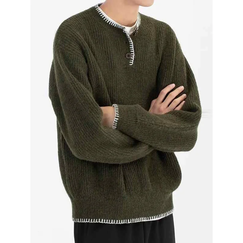 

Повседневный трикотажный свитер с воротником Генри в американском стиле ретро, свободный осенний топ для пары, женский топ, удобный крой