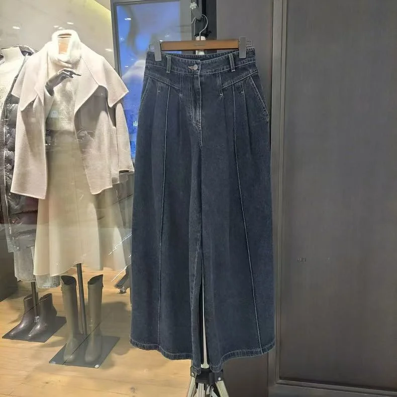 

00% Pure Cotton Slimming Jeans Versatile Commuter Denim Pants High Waist Long Leg Zipper Closure Deep Color Spring Autumn