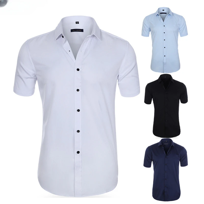 

Summer New Men's Clothes Contrast Commuter Square Neck Cardigan Short Sleeve Non Ironing Elastic Casual Dress Shirt