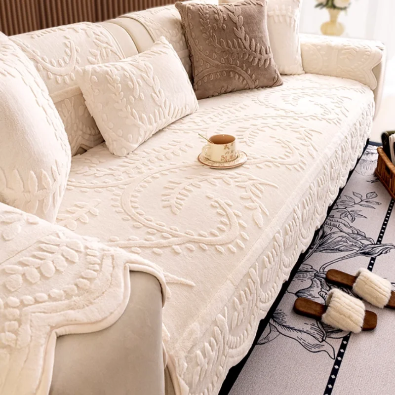 1PC Leaves Jacquard Sofa Cover Thicken Plush Winter Funiture Protector Sofas Mat Pad Non-slip L Couch Universal Slipcovers