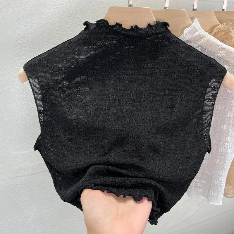 المرأة الكورية نصف الياقة المدورة الزهور الدانتيل سترة الصيف بلا أكمام الدانتيل جوفاء تانك الأعلى