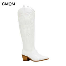 GMQM New Fashion Women 's Embroidered Western CowBoy Shoes Knee High Boots PU Chunky Heel Platform Boots Pointed Toe Punk Style