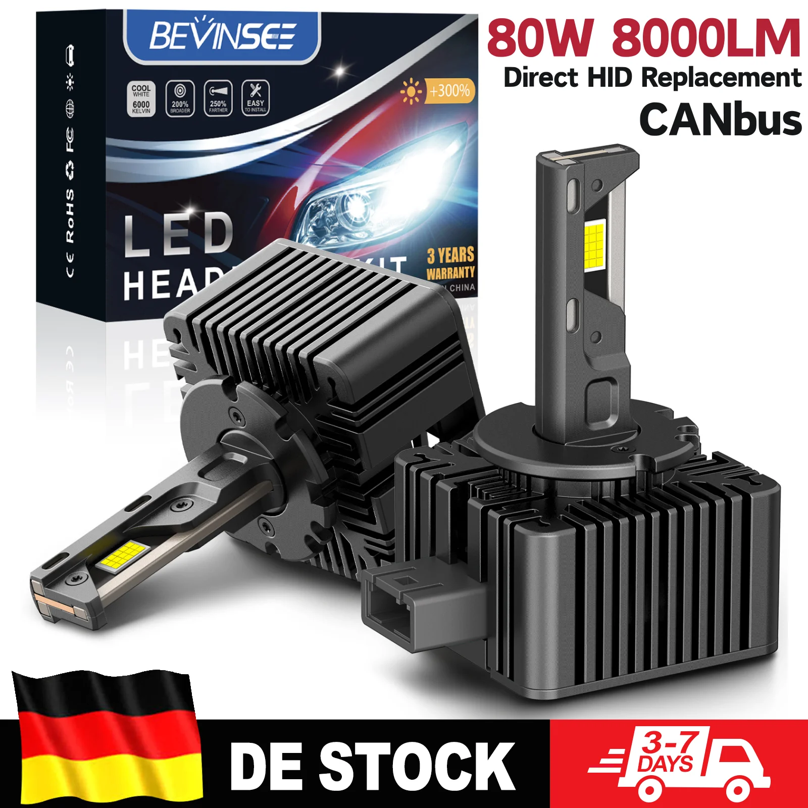BEVINSEE D1S D1R D2S D2R D3S D3R D5S LED-Scheinwerferlampen, CANBUS Fehlerfrei 80W 8000LM Superhell 6000K Weiß 12V, Plug & Play Direkter Ersatz für HID-Xenon-Lampen Universelle Autobeleuchtung