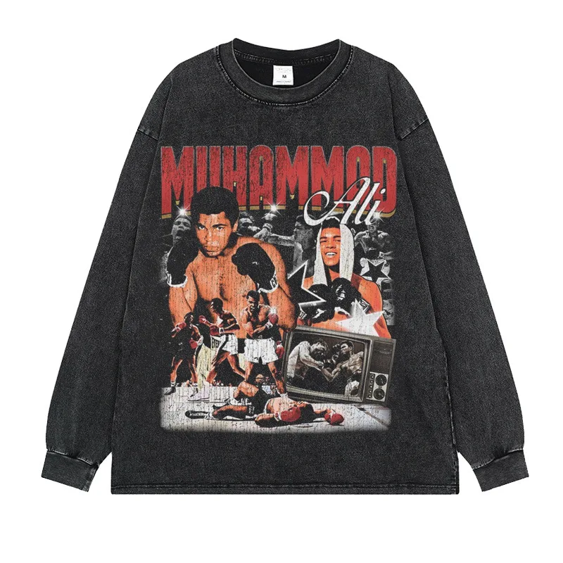 200 جرام القطن تي شيرت ريترو رياضي عادية محمد علي تحية الحجم الأوروبي الجولة الرقبة قصيرة الأكمام مطبوعة فضفاضة تي شيرت مجسم