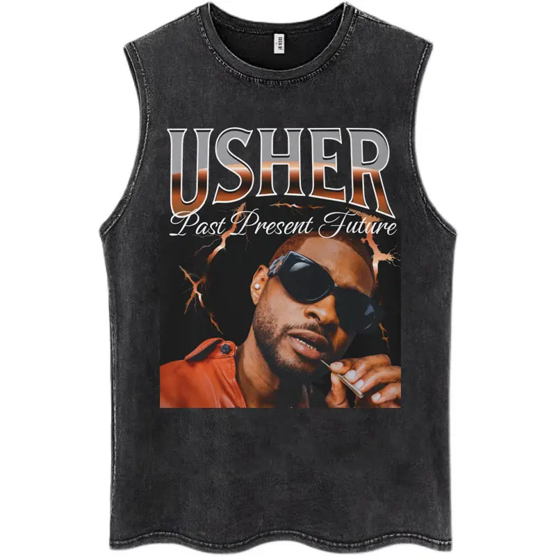 Usher Past Present Future Tour Washed Tank Tops Hip Hop Vintage O-Neck Sleeveless T Shirt Men Women Loose Cotton T-shirts Gifts