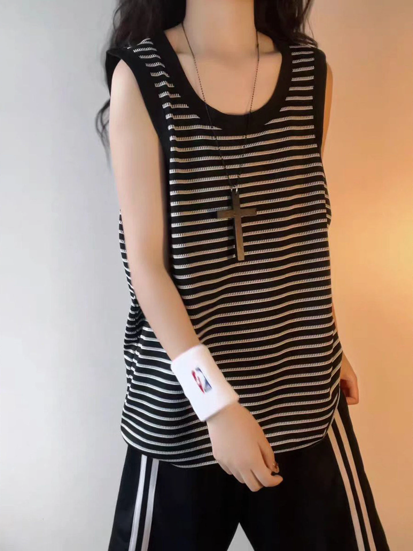 Cleanfit Black Stripe Men's Tank Top Summer Running Sport Sweatshirt American Retro Sleeveless T-shirt Shoulder Pad