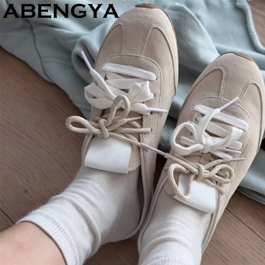 2026 Spring Autumn Lace Up Casual Sneakers Couple Shoes Round Toe Suede Leather Flat Shoes Women Comfort Walking Shoes For Men 
