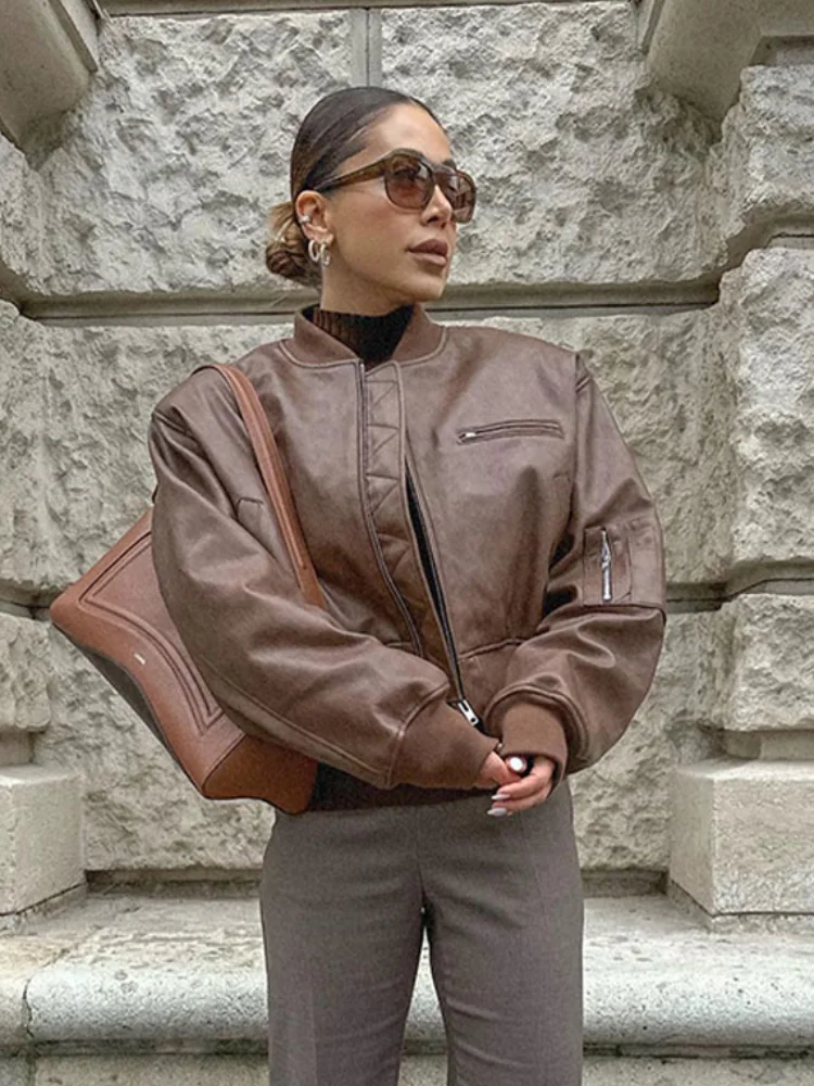 

Женская короткая куртка на молнии, коричневая однотонная теплая куртка с длинным рукавом и карманами в стиле ретро, 2024