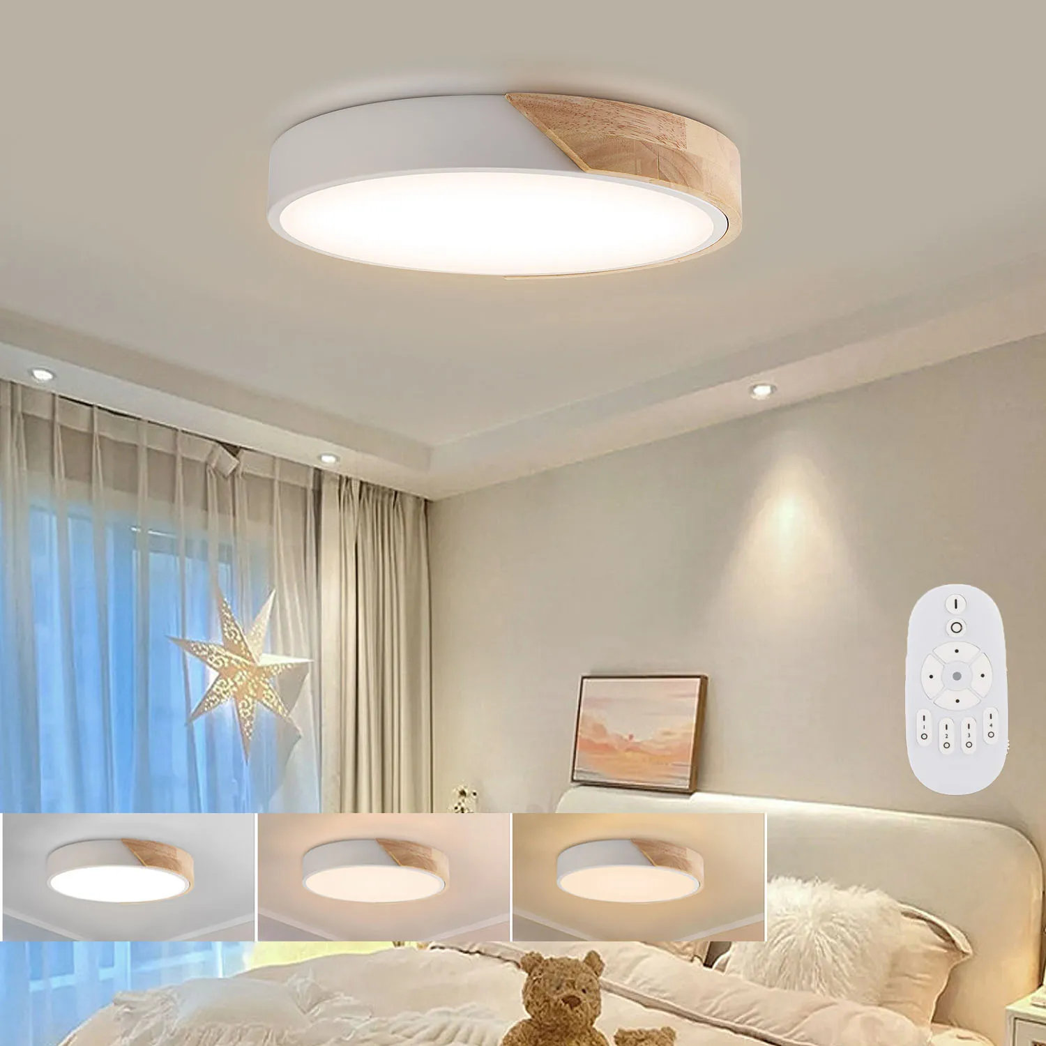 40W ronde LED-plafondlamp 30 cm, dimbaar met afstandsbediening, metalen houten plafondlamp voor slaapkamer woonkamer eetkamer