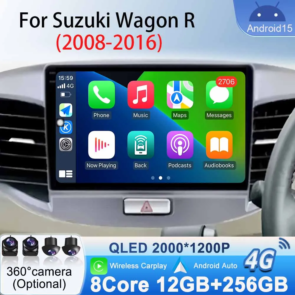 Car Radio Stereo Head Unit for Suzuki Wagon R 2008 - 2016 Screen Carplay Auto Android Multimedia Player Bluetooth Navigation GPS