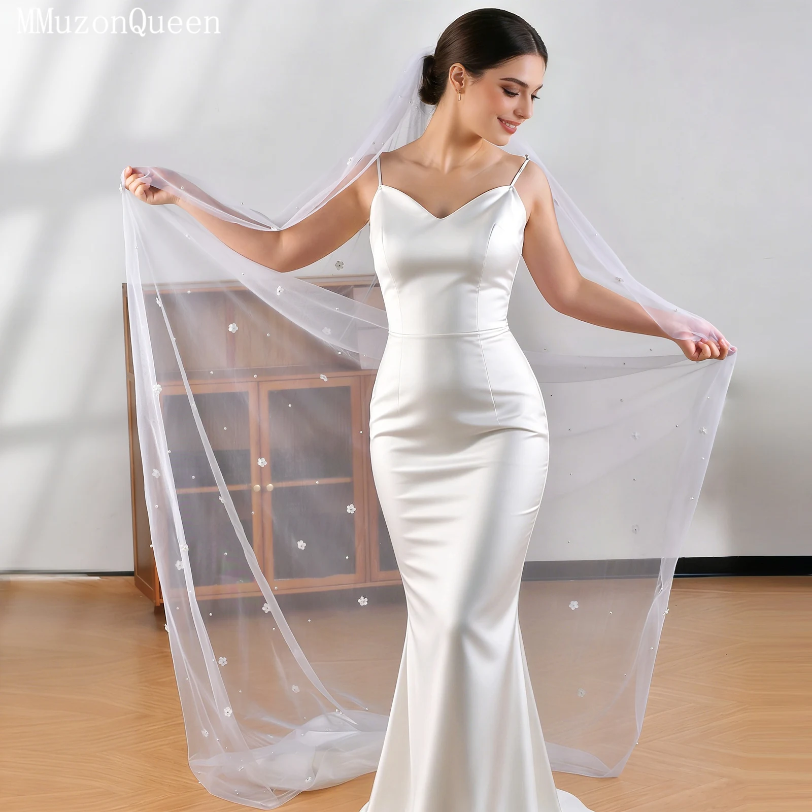 TOPQUEEN الأبيض ثلاثية الأبعاد الحجاب الزفاف الأزهار اللؤلؤ طرحة زفاف كريم شريط أبيض مشط اكسسوارات الزفاف للتخصيص V83