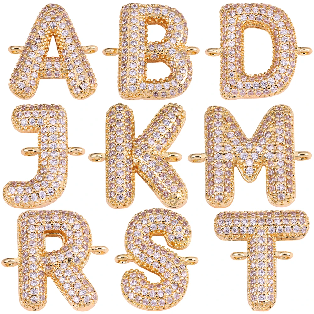 Juya Handmade 18K Plated 2 Loops Copper 26 Alphabet Initial Letter Charms Connectors For DIY Luxury Pendant Name Jewelry Making