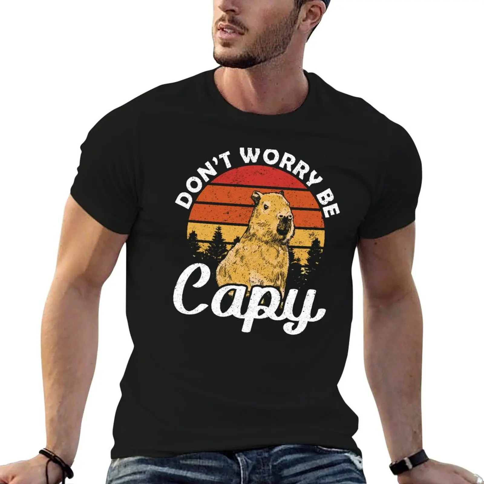 Sunset Dont Worry be Capy Cute Capybara T-Shirt Casual Soft Cotton Short Sleeve Tee
