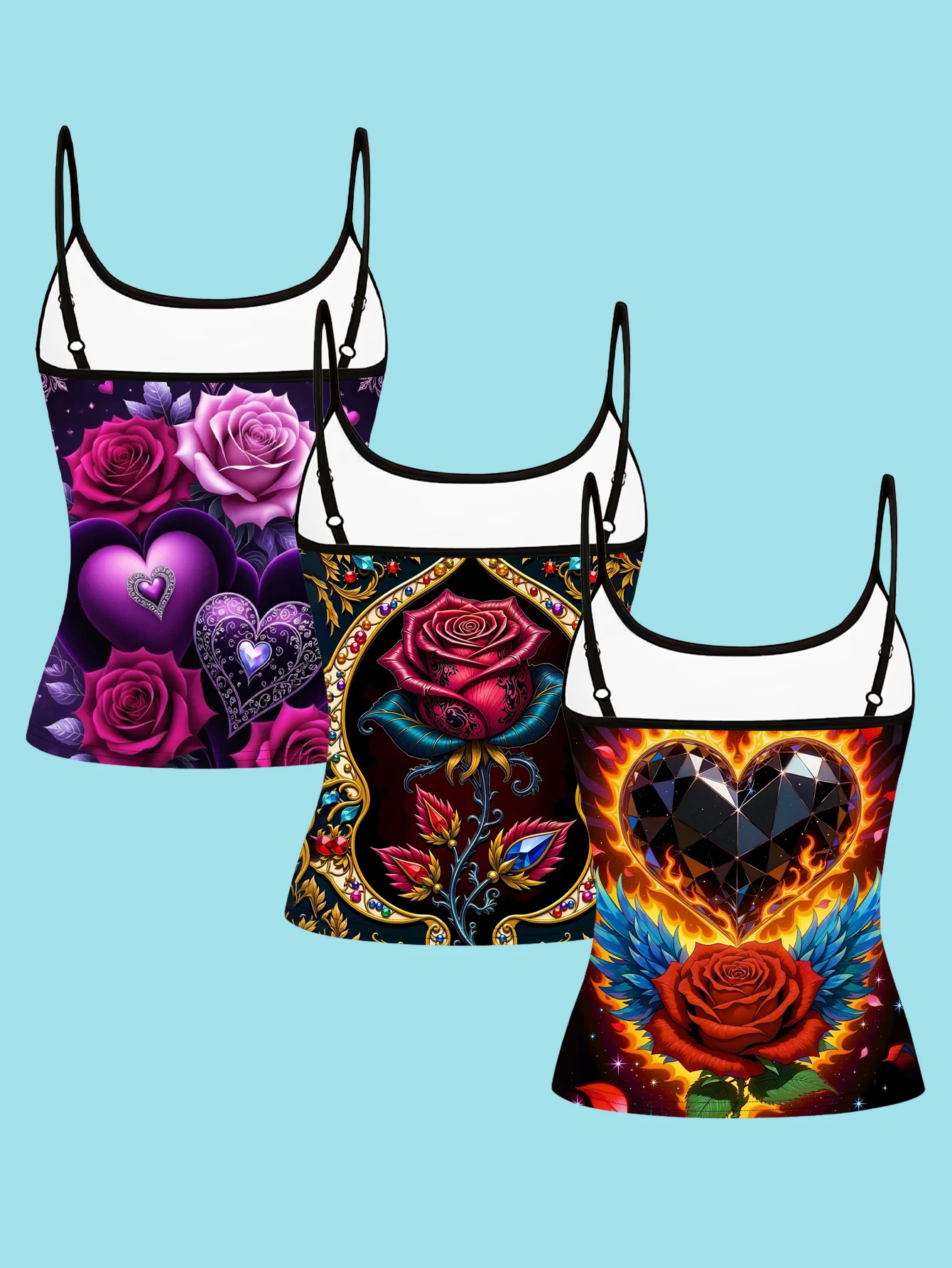 3-Piece Set of Vintage Elegant Rose Heart-Shaped Print Camisole Tops for Women, Summer Slim-Fit Spaghetti Strap Inner Wear with a Stylish Vibe