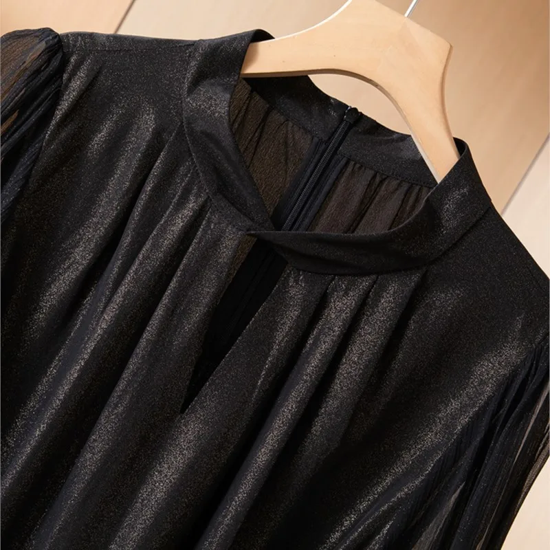 High Quality Black Heavy Real Silk Dress Women's Elegant Long-Sleeved Lace-up 100% Midi A- line