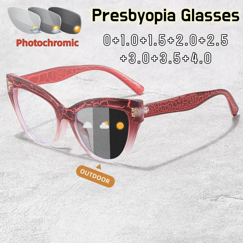 

Fashion Cat Eye Anti Blue Light Photochromic Reading Glasses Women Elegant Eyewear 0 To +4.0 Comfortable Wear High Clarity Lens