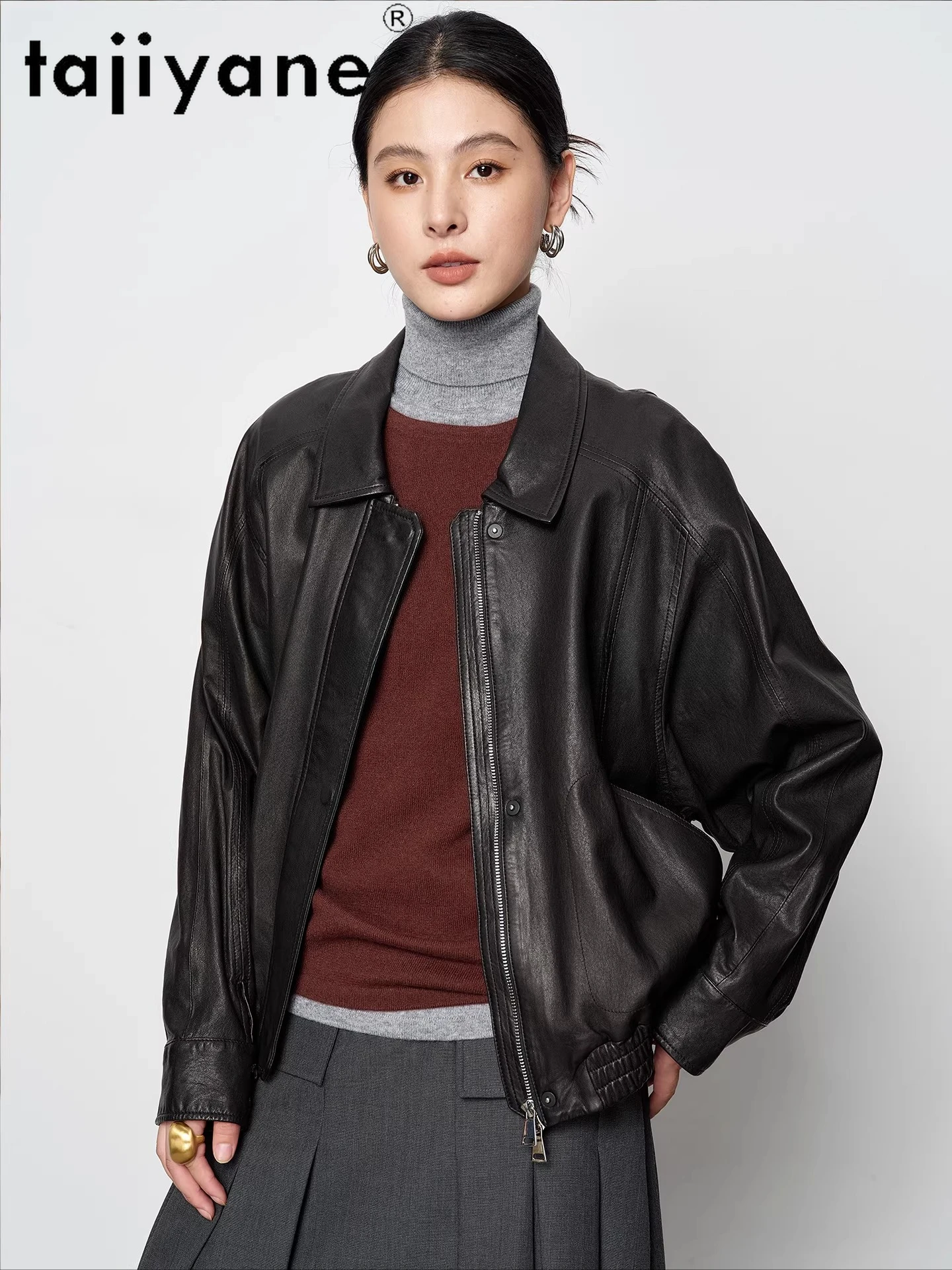 TAJIYANE 本物の羊革ジャケット ショート丈 本革ジャケット レディース おしゃれ 女性用コート 2025年秋服 кожаная куртка женская