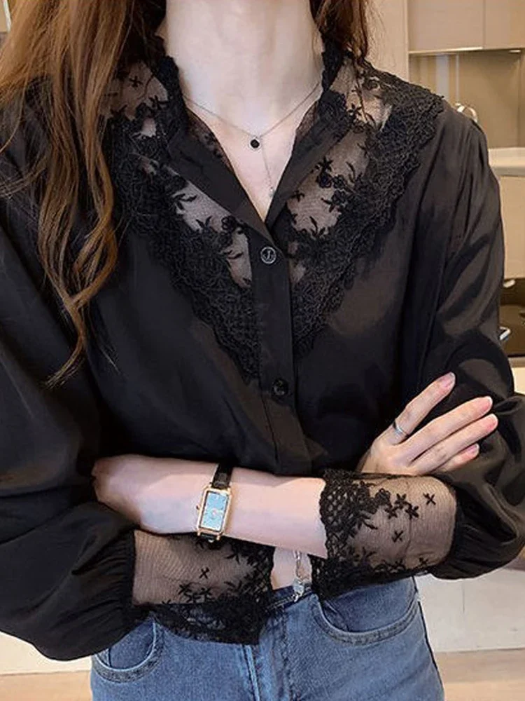 Black Lace Patchwork Shirt Women Autumn Long Sleeve Single Breasted Blouse Elegant Office Ladies Korean Fashion Slim Blusa Mujer