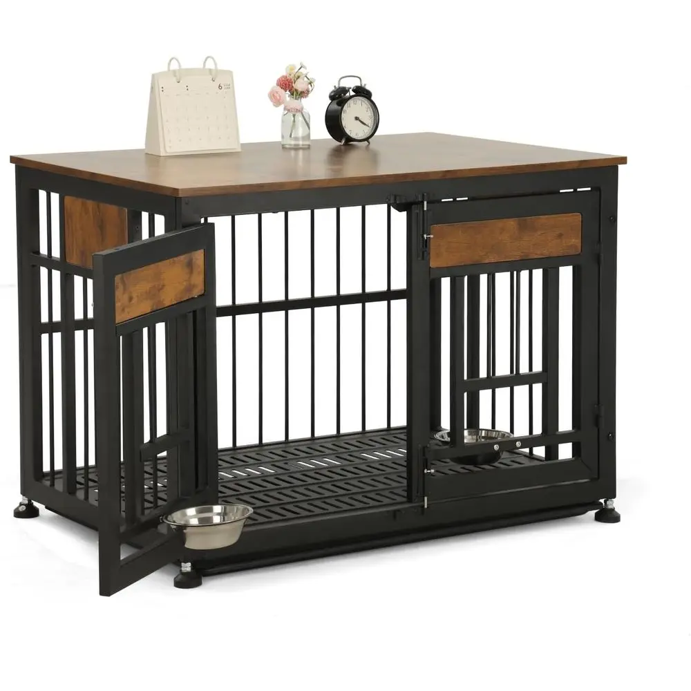 

Деревянная будка-вольер для собак 38 дюймов со съемным поддоном и 2 кормушками, прочный прикроватный столик-клетка для средних и крупных собак, подходит для собак с тревожным поведением