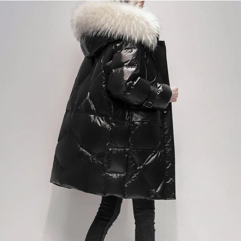 New Women Long Down Jacket Winter Snow Outerwear Female Korean Bright Face 90% White Duck Down Coat Thick Hooded Parker Overcoat