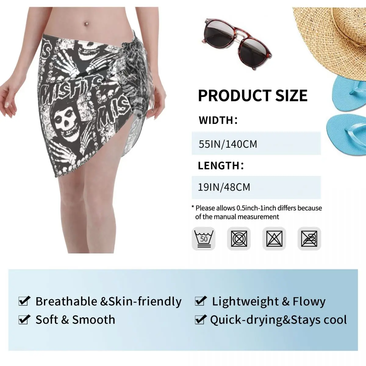 Personalizado M-Misfits Rock Punk Skull pareos cortos traje de baño Vestido de playa Sexy estampado Bikini Wrap Sheer cubrir Sarong Beach Wrap