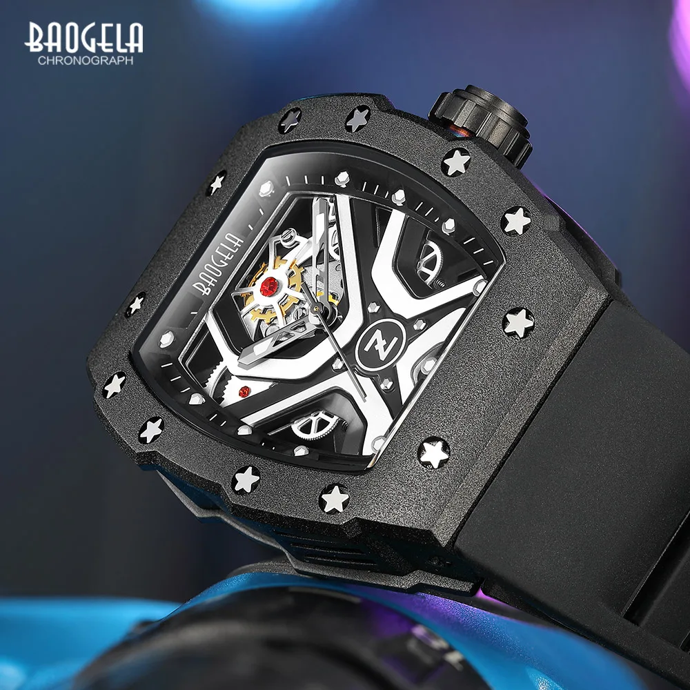 BAOGELA Stainless Steel Black Quartz Watch Men Analog Sport Wristwatch with Silicone Strap Luminous Hands Tonneau Dial Star 4143