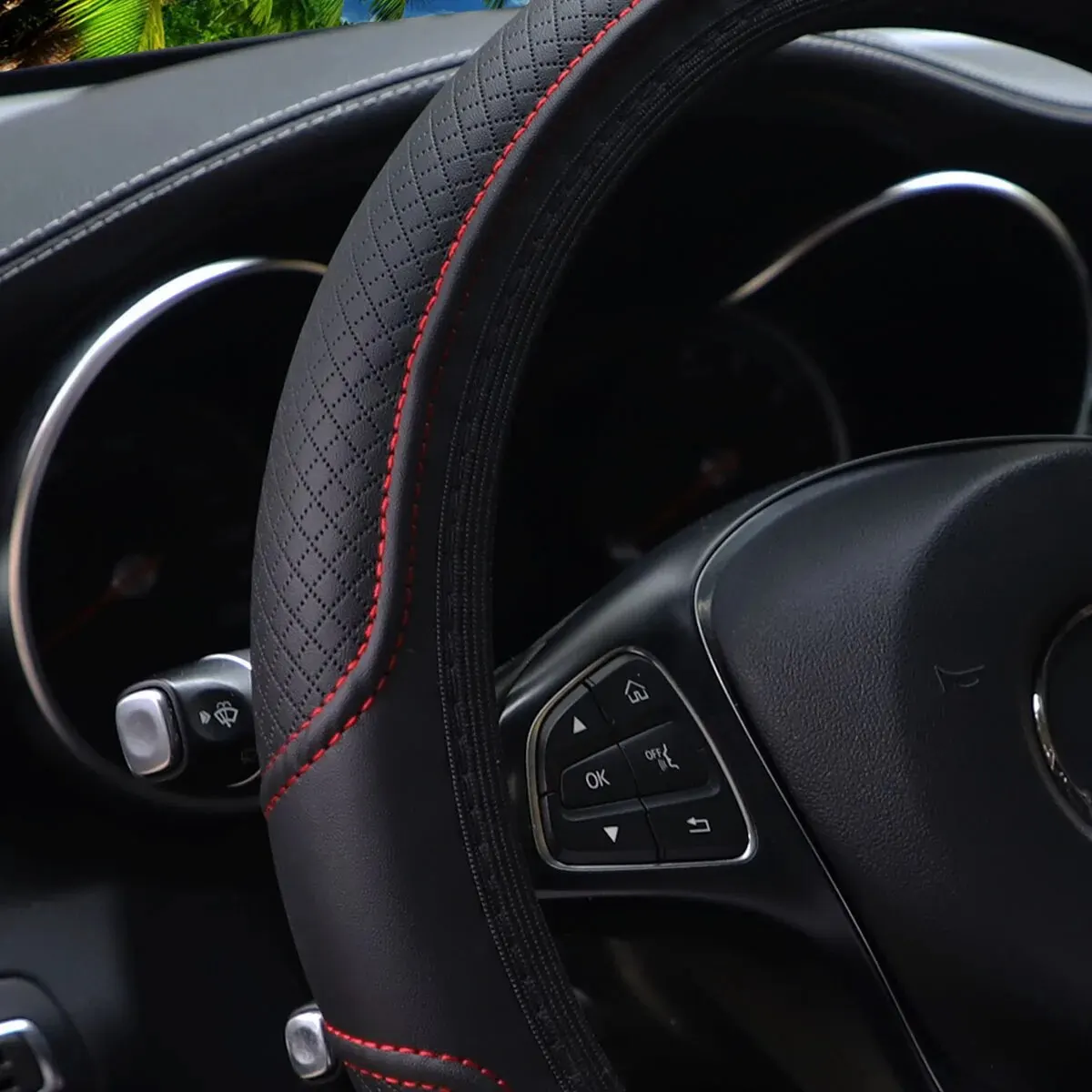 PU-Leder Doppellinien-Karomuster Geprägte 3D-Lenkradabdeckung Randlose Auto-Dekoration für Fahrzeugzubehör – Detail 5