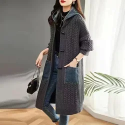 Knitwear Cardigan Coat Women New Jacket Autumn Winter 2024 Long Denim Stitching Sweater Thickened Loose Hooded Outerwear Female