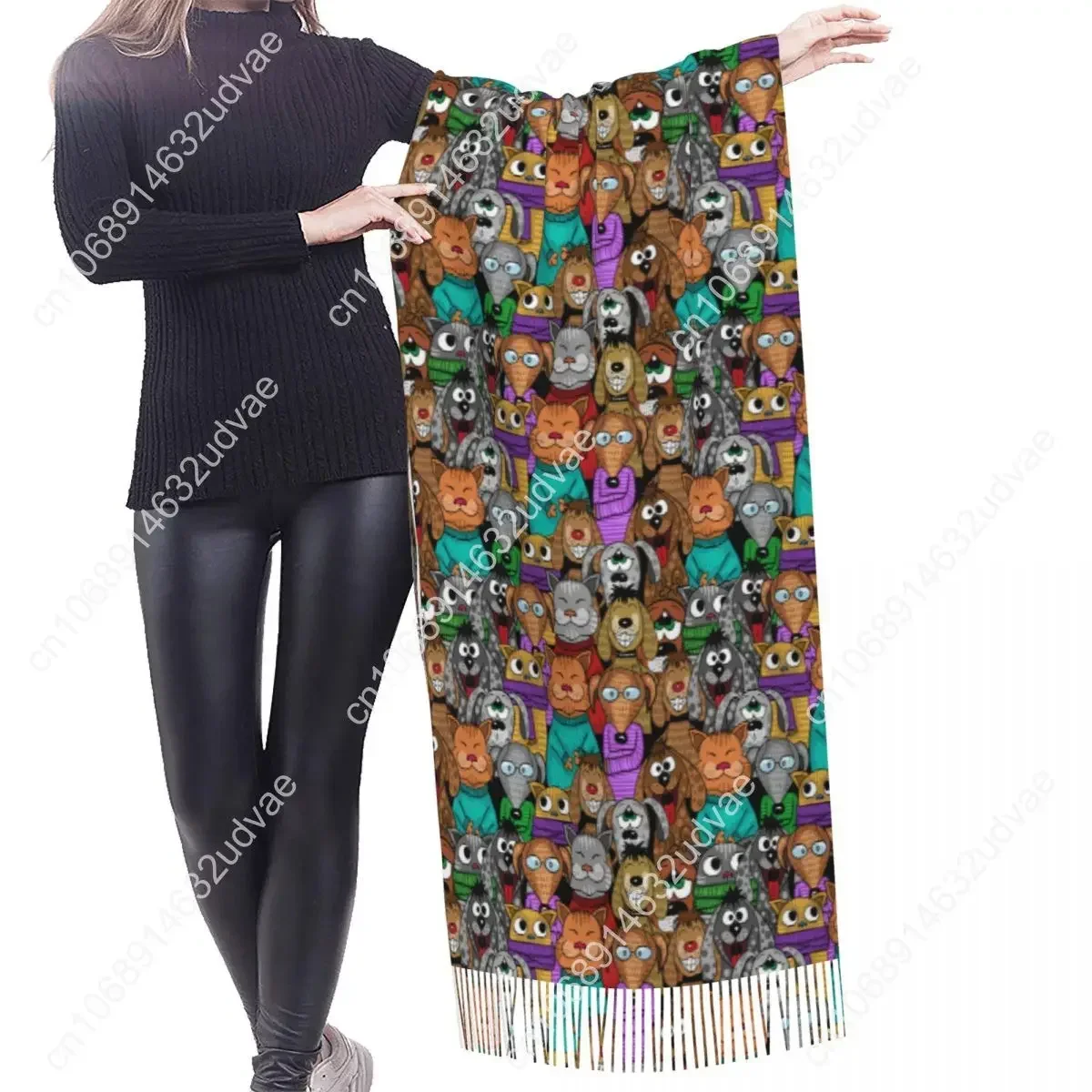 Comic Cartoon Katzen und Hunde Schal Winter lange große Quaste Schals Soft Wrap Pashmina