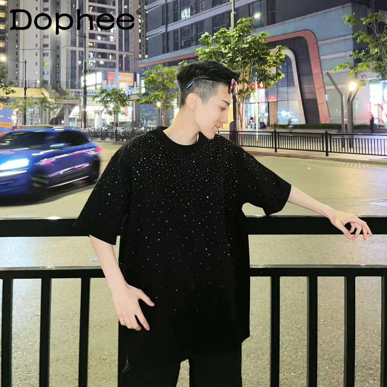 

Korean Fashion Heavy Rhinestone Round Neck Short Sleeve T-Shirt Trendy Versatile Loose Casual Unisex Couple Half Sleeve Top