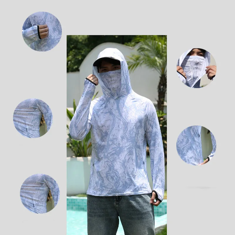 Hooded Summer Fishing Shirt with Face Mask Fashion Ice Silk Sun Protection Fishing Clothes Quick Dry Men's Outdoor Fishing Shirt