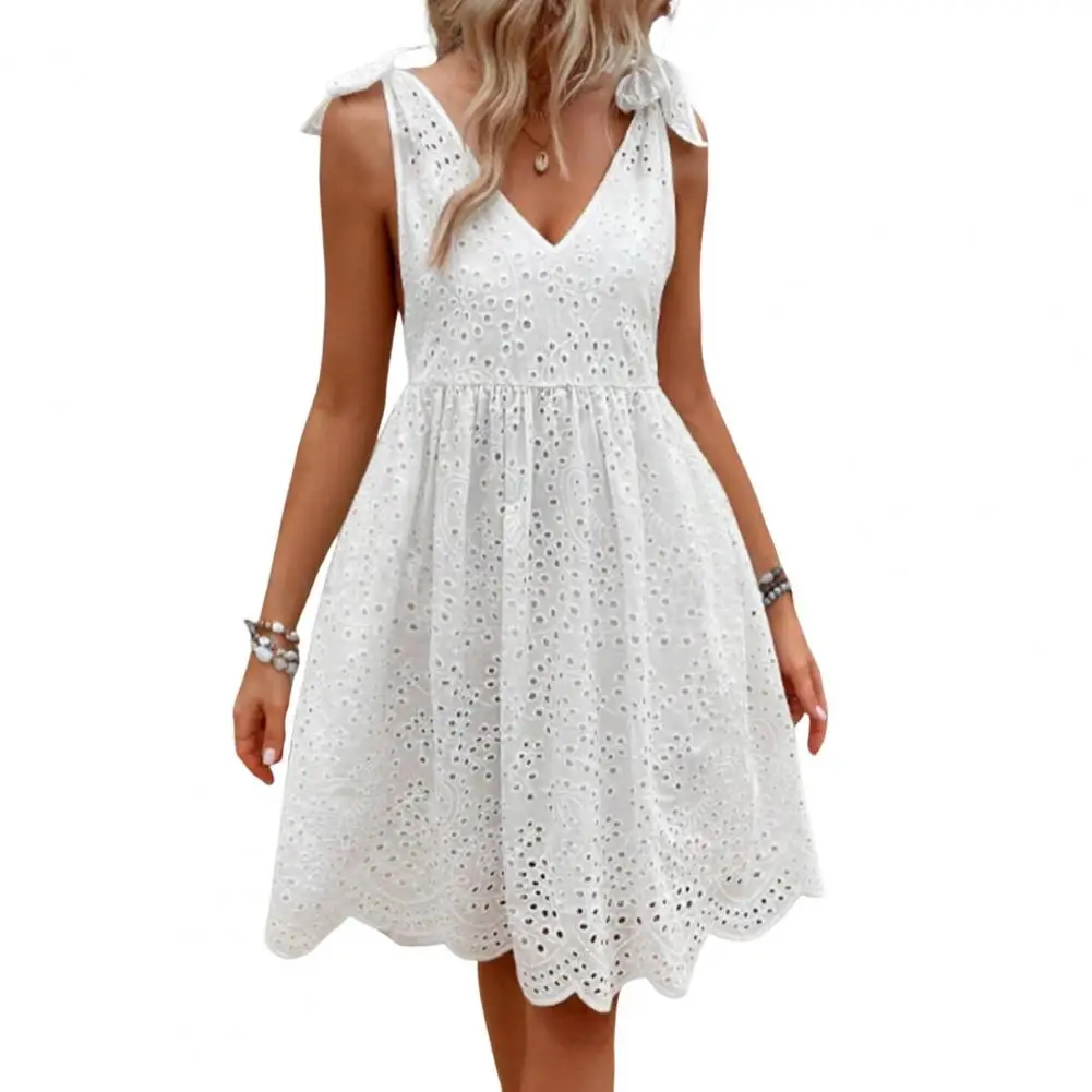 

Pleated Dress Elegant Lace-up Shoulder Midi Dress with Pleated A-line Design V Neckline for Summer Parties Dating Events Women