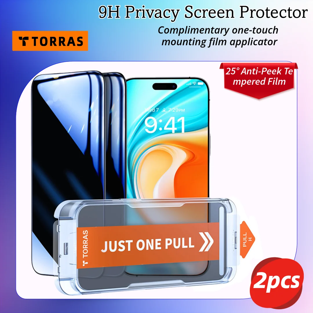 TORRAS Anti-Peek Phone Screen Tempered Glass for iPhone 16 15 14 13 Pro Max Plus 9H Privacy Screen Protector No Bubble 2pcs