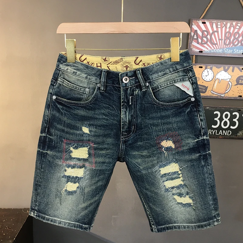 

Men's High-Street Distressed Patchwork Denim Shorts 2025 New Arrival Vintage American Style Mid-Length Fashion Shorts Slim Fit