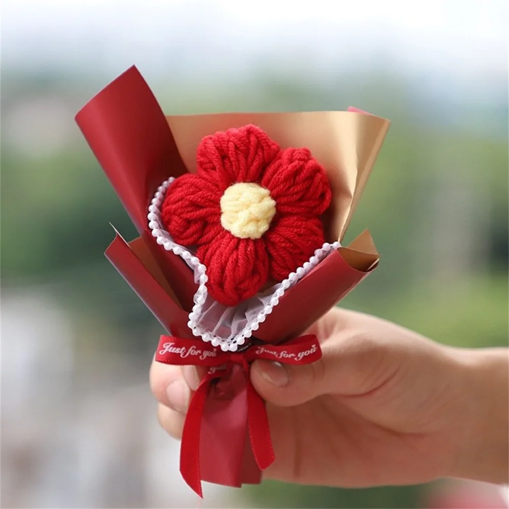 1Pcs Knitted Flower Rose Sunflower Fake Flowers Bouquet Wedding Decoration Hand Crochet Woven Bouquet Home Table Desktop Decor