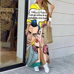 Single Breasted Button Irregular Boho Maxi Dresses Sexy Turn-down Collar Fashion Women Sundress Face Print Shirt Dress Vestido
