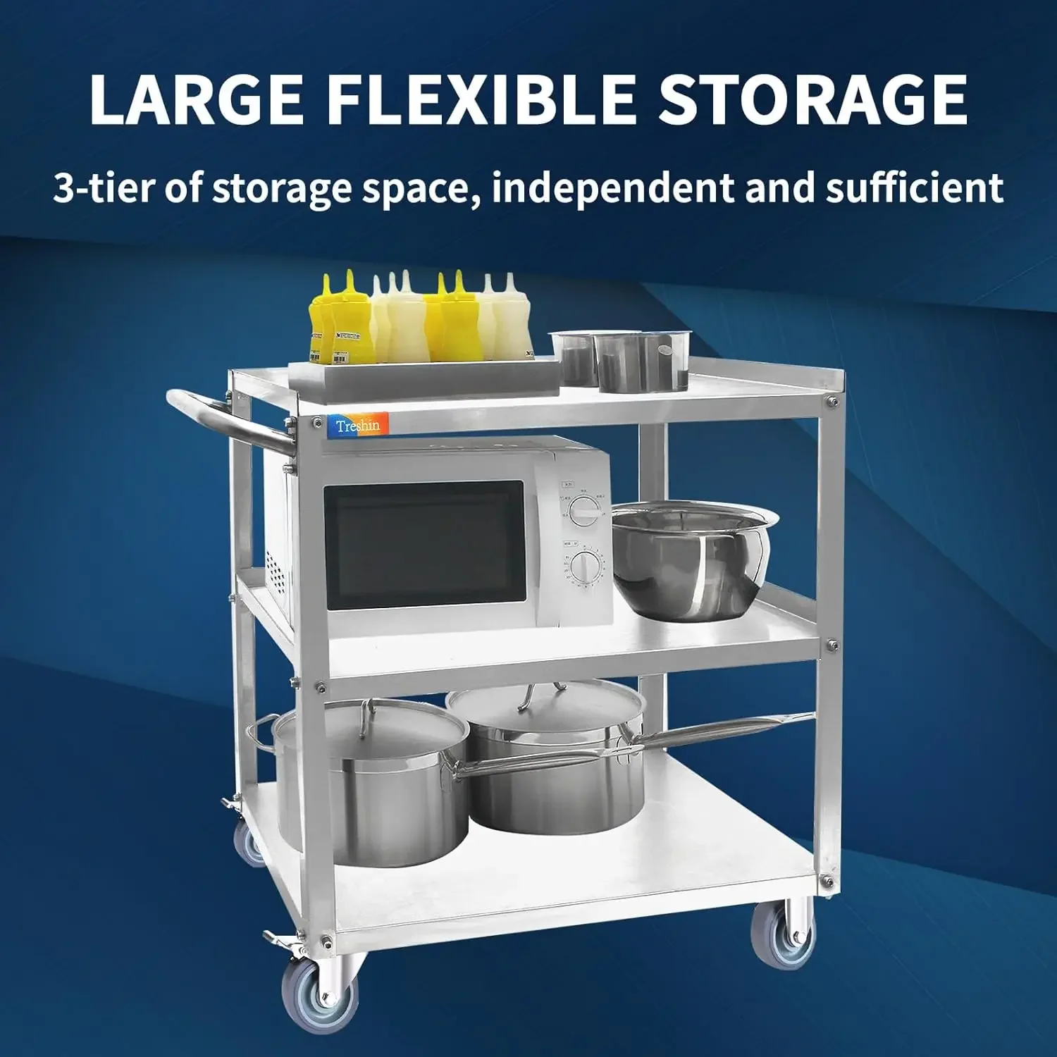 Steel Utility Cart Commercial Heavy Duty Rolling Cart Food Storage Service Trolley with Handle and Wheels for Kitchen Restaurant