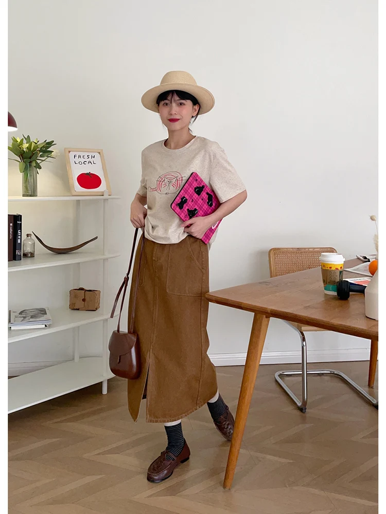 

Ретро джинсовая юбка с разрезом, женская, летняя, больших размеров, скрывающая бедра, приталенная, с высокой талией, А-силуэт, облегающая, миди, для повседневной носки, простая, элегантная