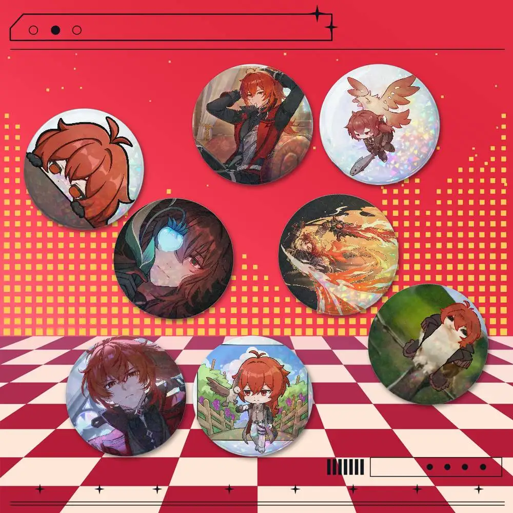 Diluc Genshin Impact Round Holographic Brooch Badges 2 Pieces Set 25/32/44/58/75mm Anime Cosplay Fan Merchandise Bag Hat Backpac